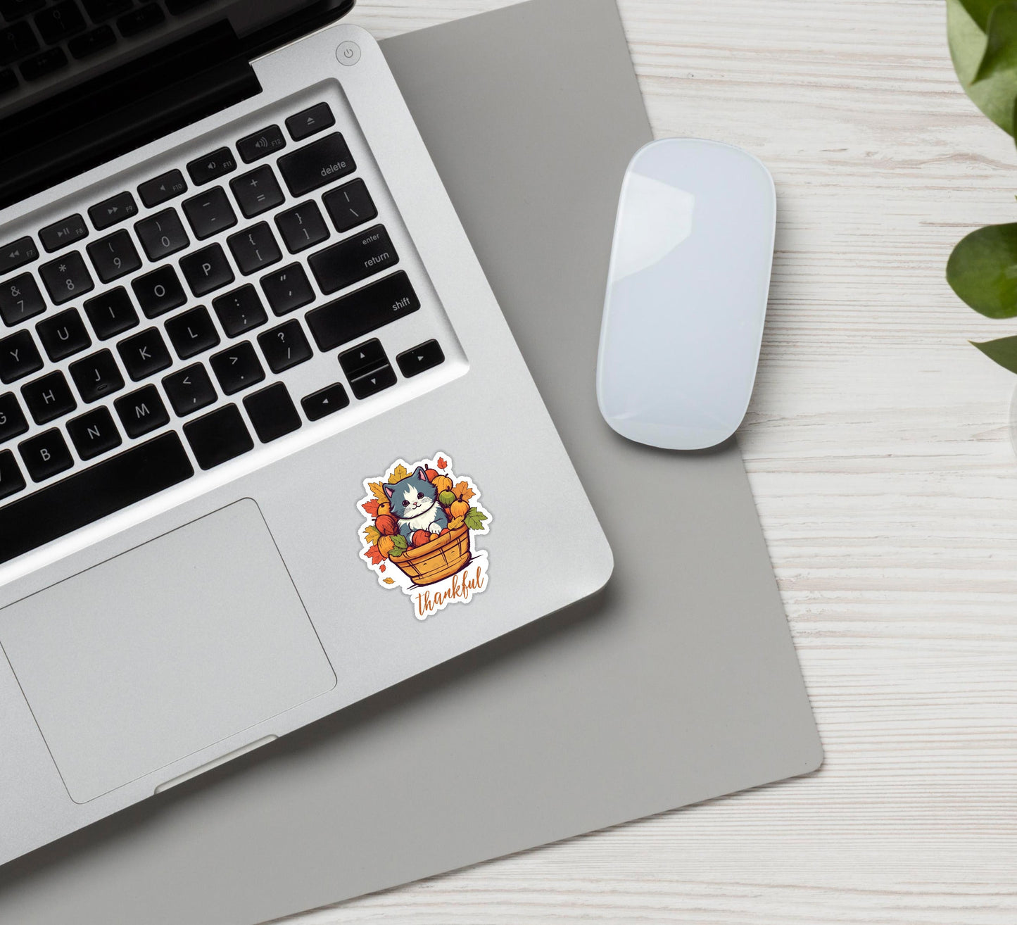 Thankful Cat in Basket Thanksgiving Vinyl Sticker
