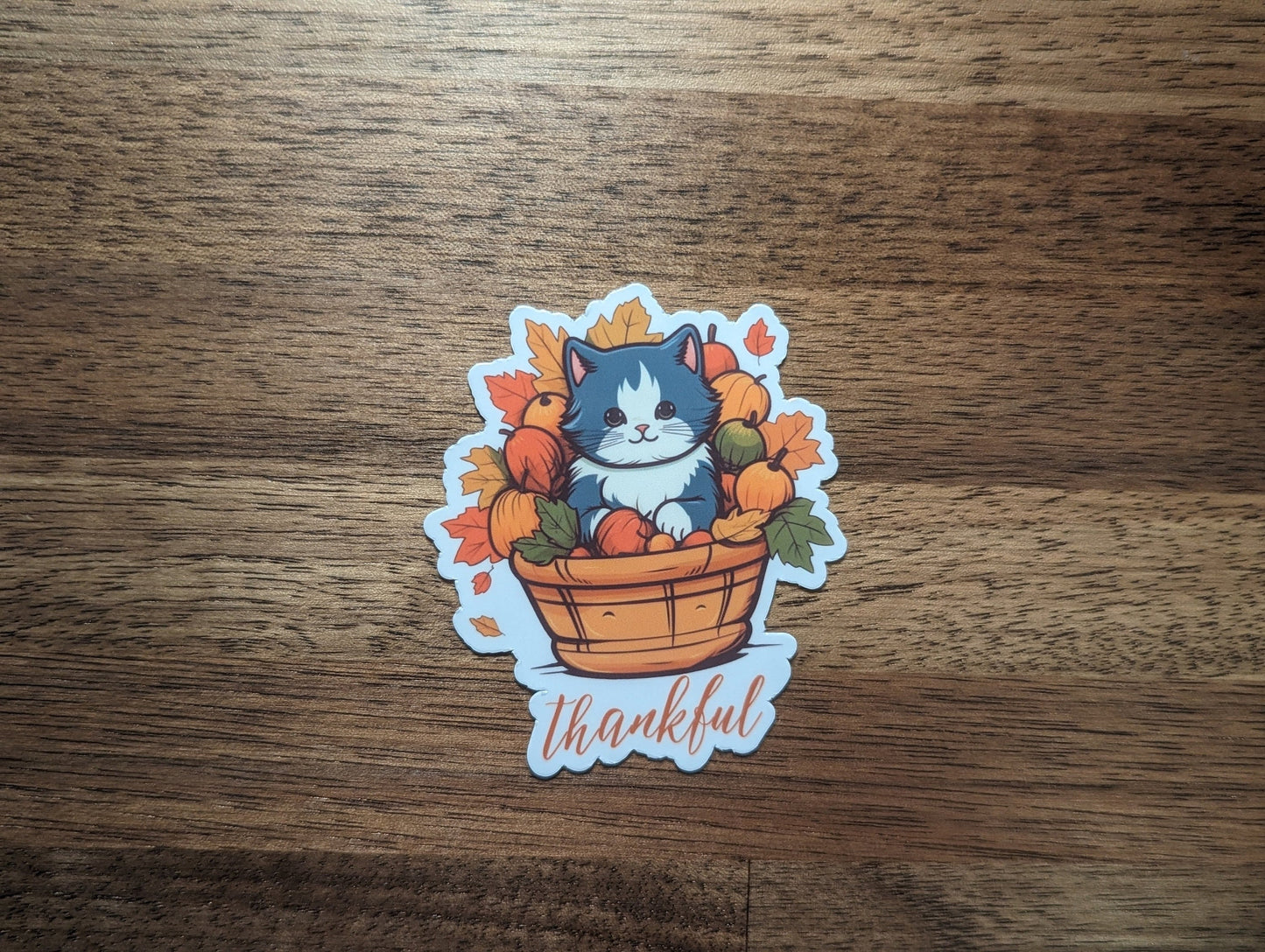 Thankful Cat in Basket Thanksgiving Vinyl Sticker