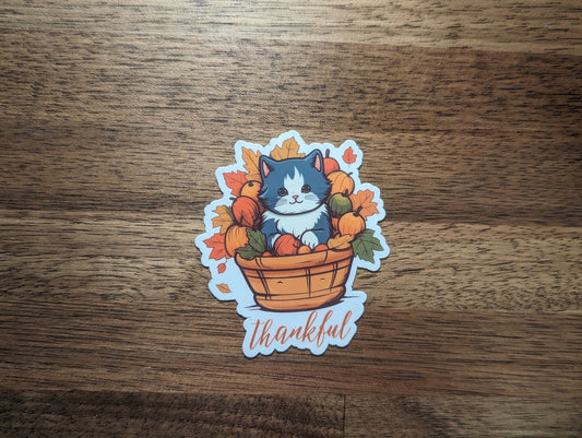 Thankful Cat in Basket Thanksgiving Vinyl Sticker